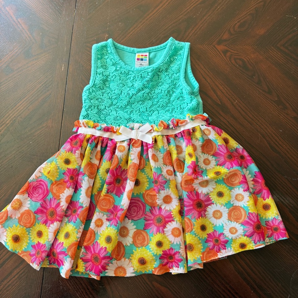 Healthtex Turquoise Lace Tank Dress Bright Floral Skirt Summer Cute Dress Sz 18m